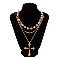 Thumbnail for Cross Pearl Rhinestone Necklace Set Gold Silver Layered Jewelry