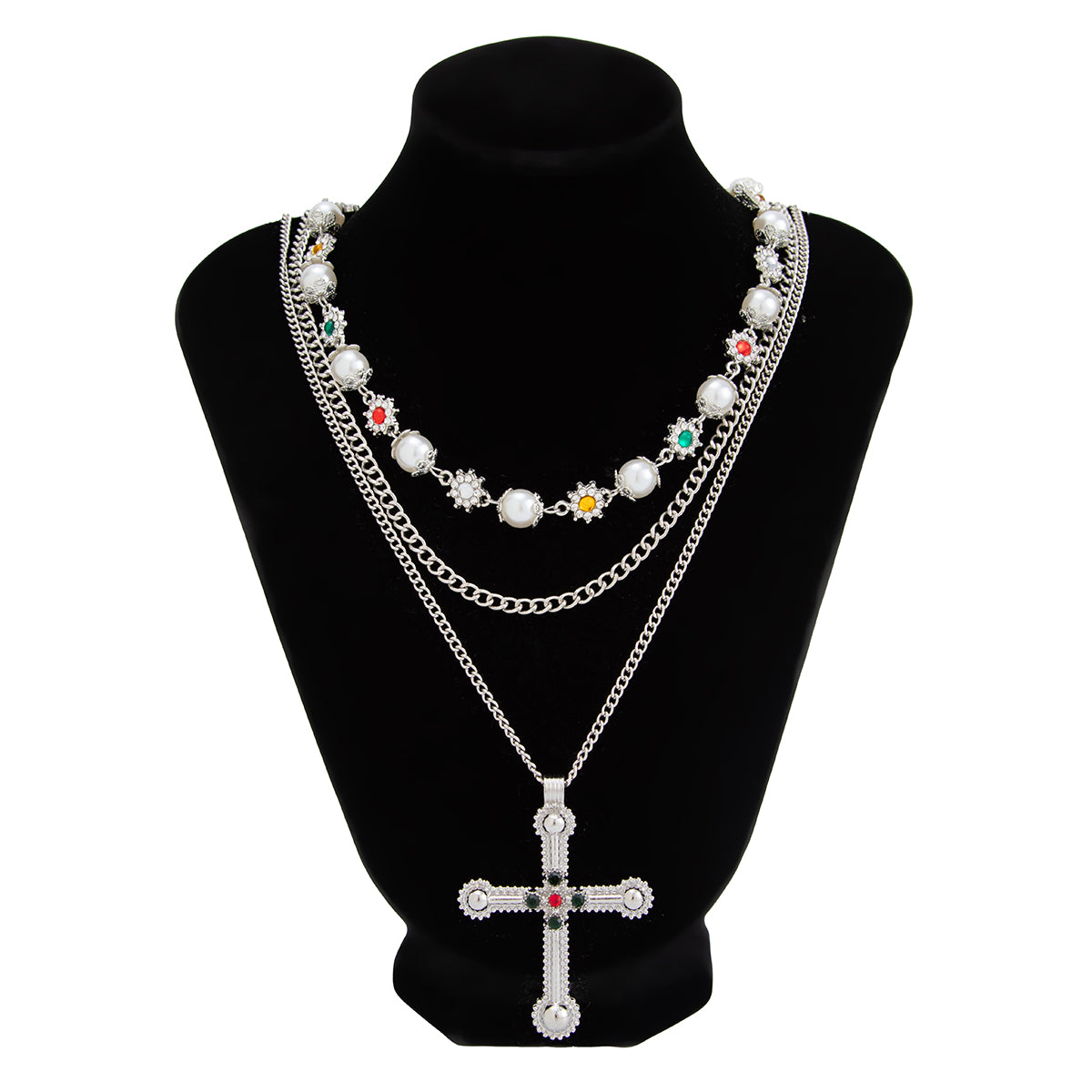 Cross Pearl Rhinestone Necklace Set Gold Silver Layered Jewelry