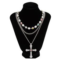 Thumbnail for Cross Pearl Rhinestone Necklace Set Gold Silver Layered Jewelry