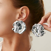 Thumbnail for Abstract Chunky Pearl Inlaid Shell Earrings - ArtGalleryZen