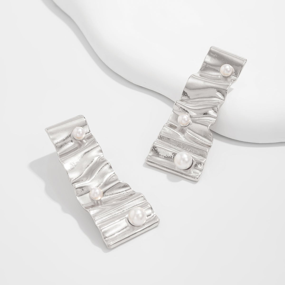 Abstract Pleated Ribbon Pearl Stud Earrings - ArtGalleryZen