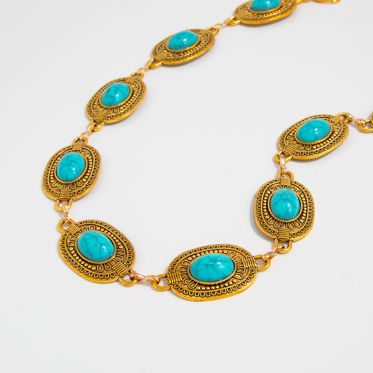 Antique Gold Plated Turquoise Inlaid Carved Oval Disk Waist Chain - ArtGalleryZen
