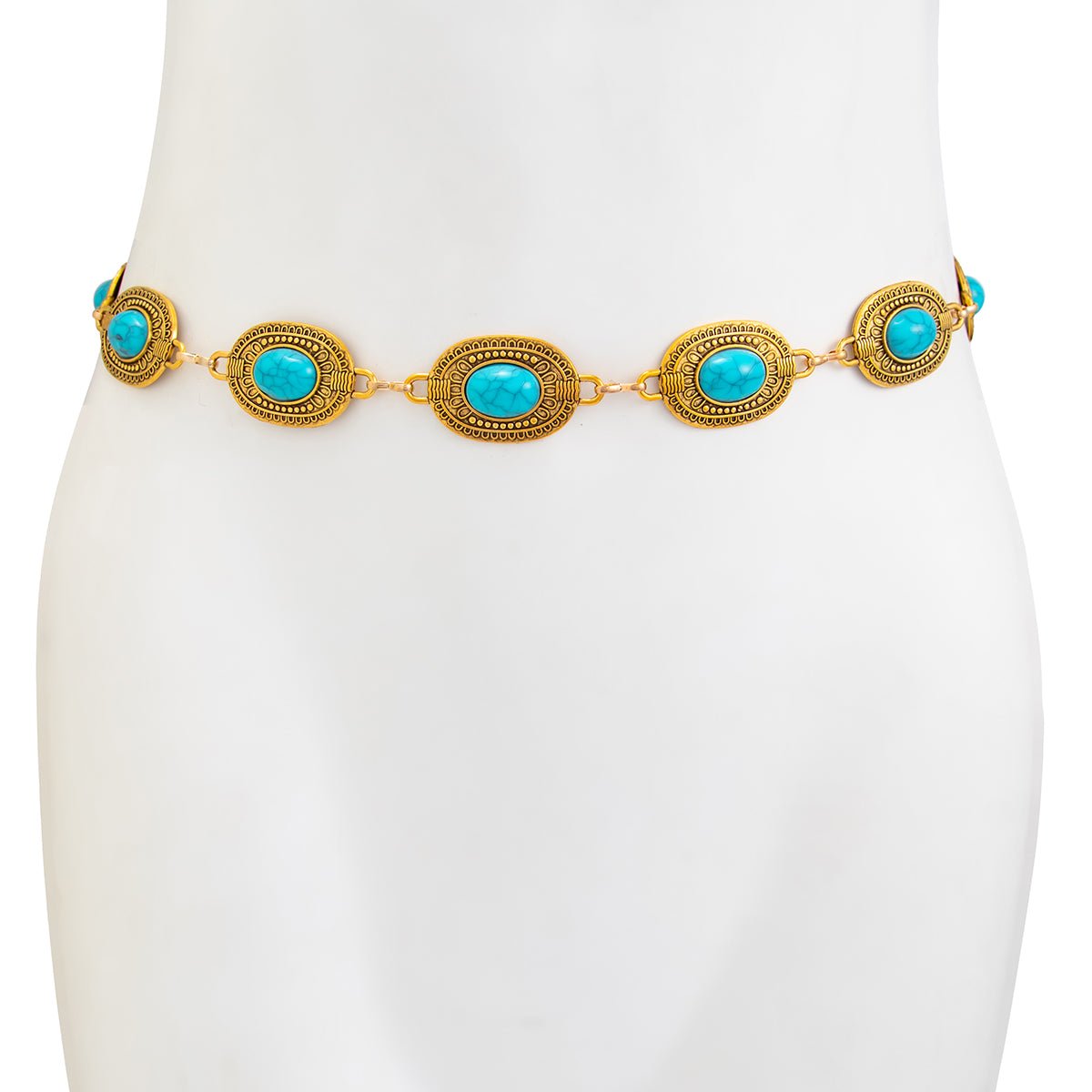 Antique Gold Plated Turquoise Inlaid Carved Oval Disk Waist Chain - ArtGalleryZen