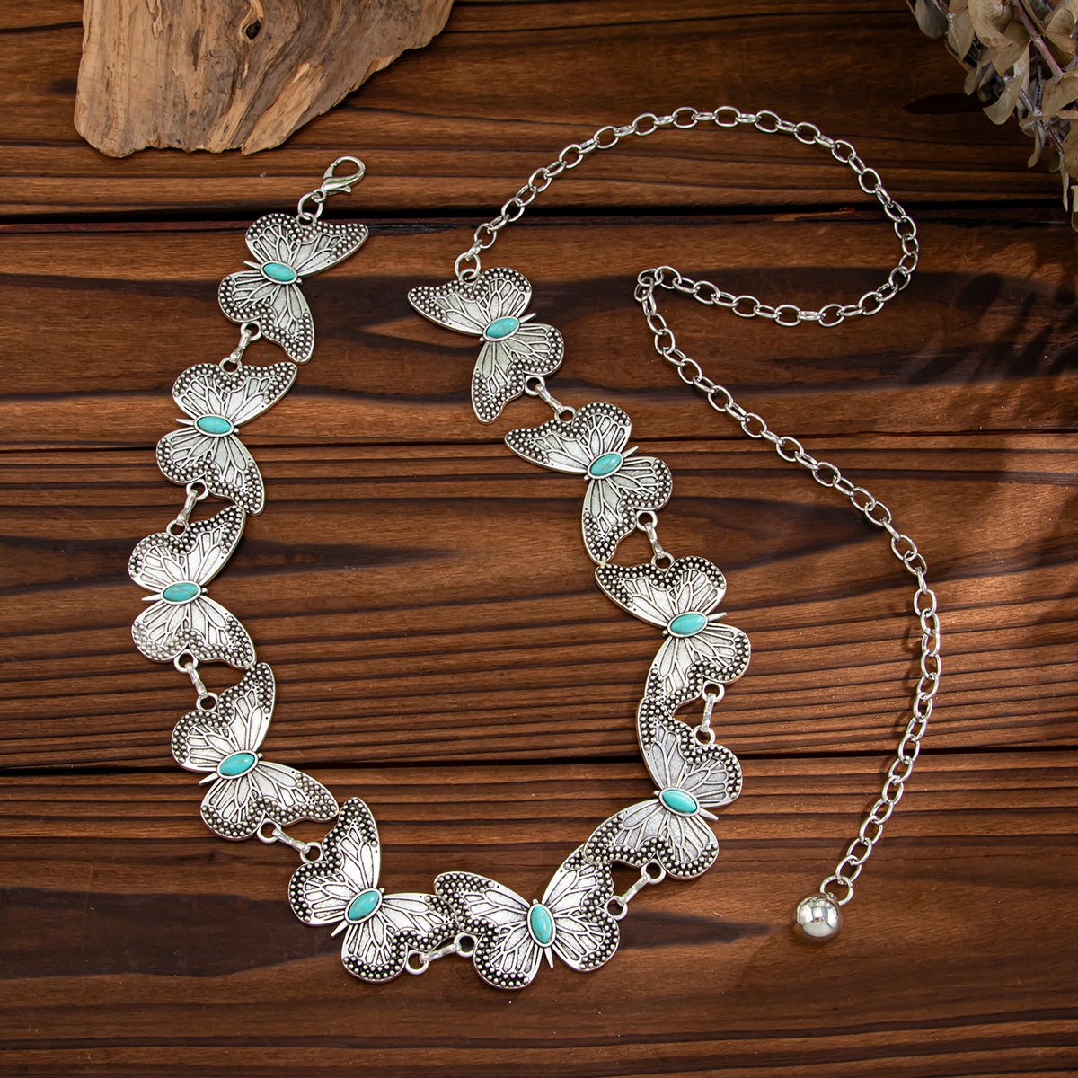 Antique Gold Silver Plated Turquoise Inlaid Butterfly Waist Chain - ArtGalleryZen