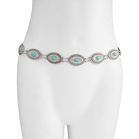 Thumbnail for Antique Gold Silver Plated Turquoise Inlaid Floral Oval Disk Waist Chain - ArtGalleryZen