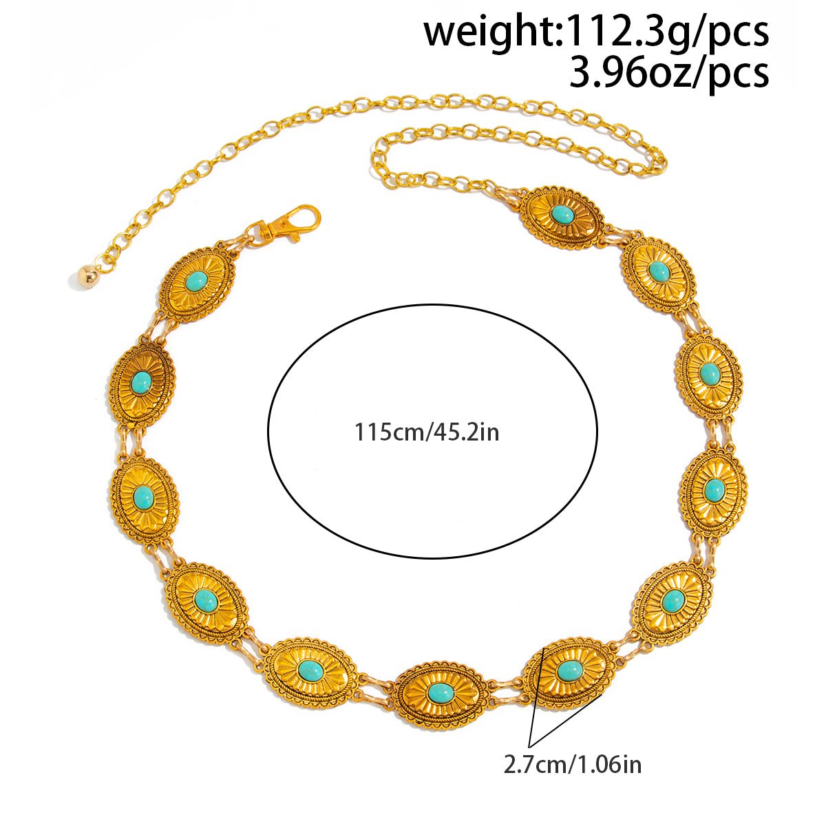Antique Gold Silver Plated Turquoise Inlaid Floral Oval Disk Waist Chain - ArtGalleryZen