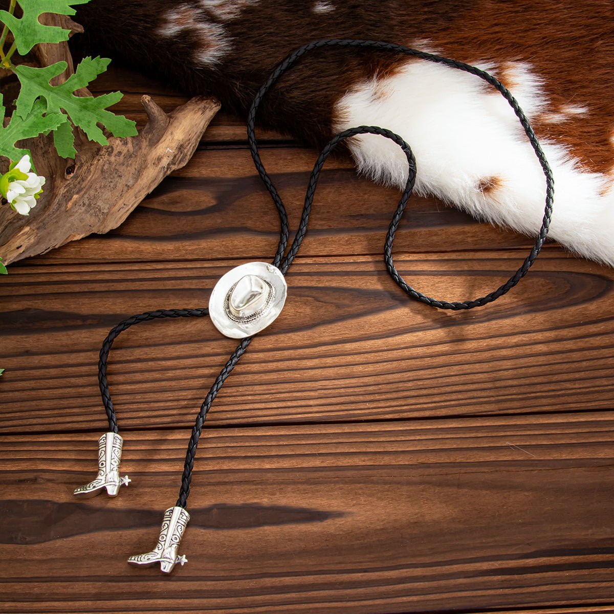 Antique Gold Silver Tone Cowboy Hat Boots Charm PU String Y Necklace - ArtGalleryZen