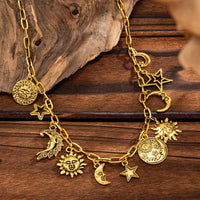Thumbnail for Antique Gold Silver Tone Sun Moon Star Pendant Necklace - ArtGalleryZen