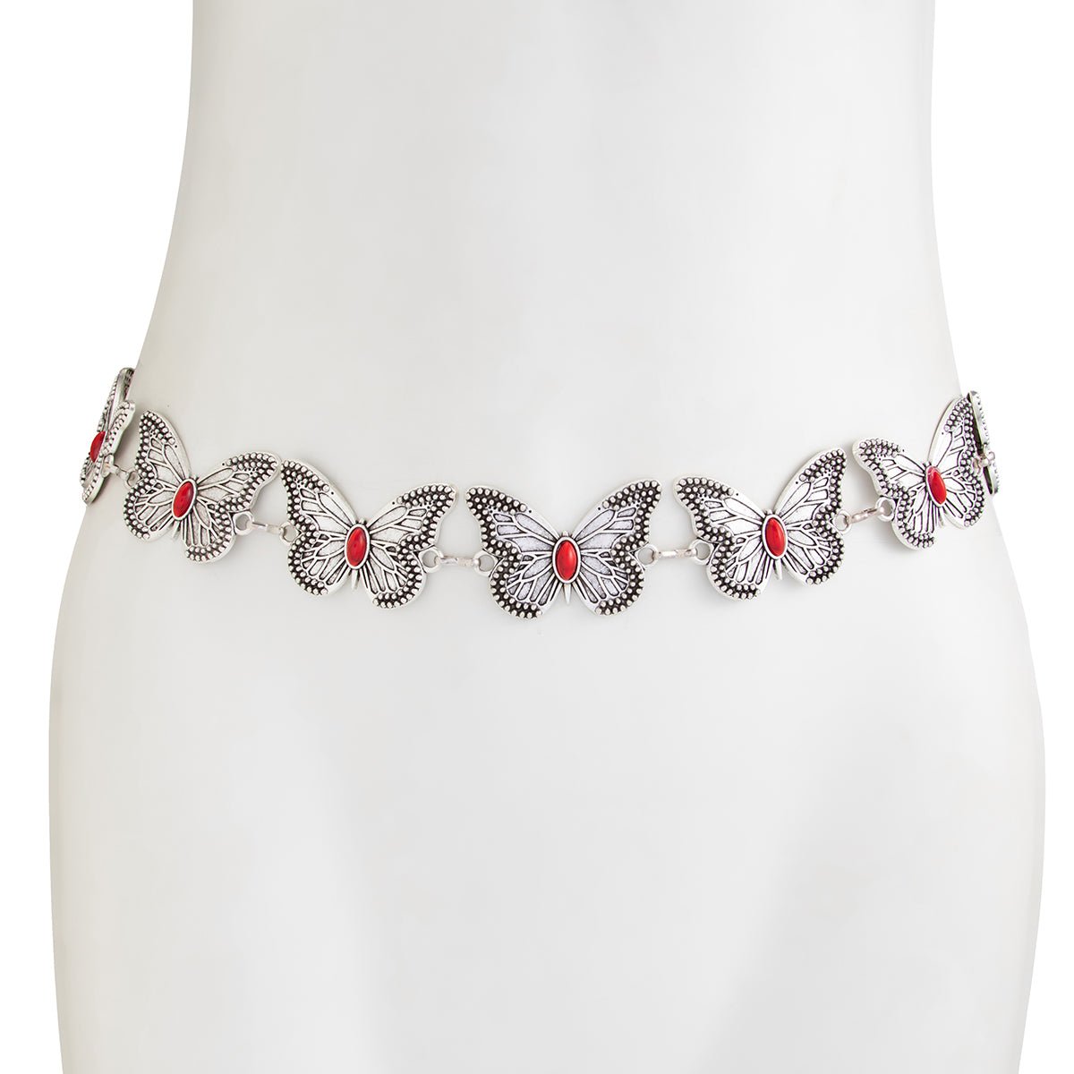 Antique Silver Plated Red Turquoise Inlaid Butterfly Waist Chain - ArtGalleryZen