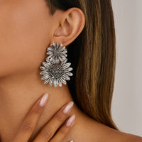 Thumbnail for Antique Silver Sunflower Dangle Earrings - ArtGalleryZen