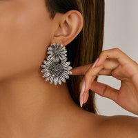 Thumbnail for Antique Silver Sunflower Dangle Earrings - ArtGalleryZen