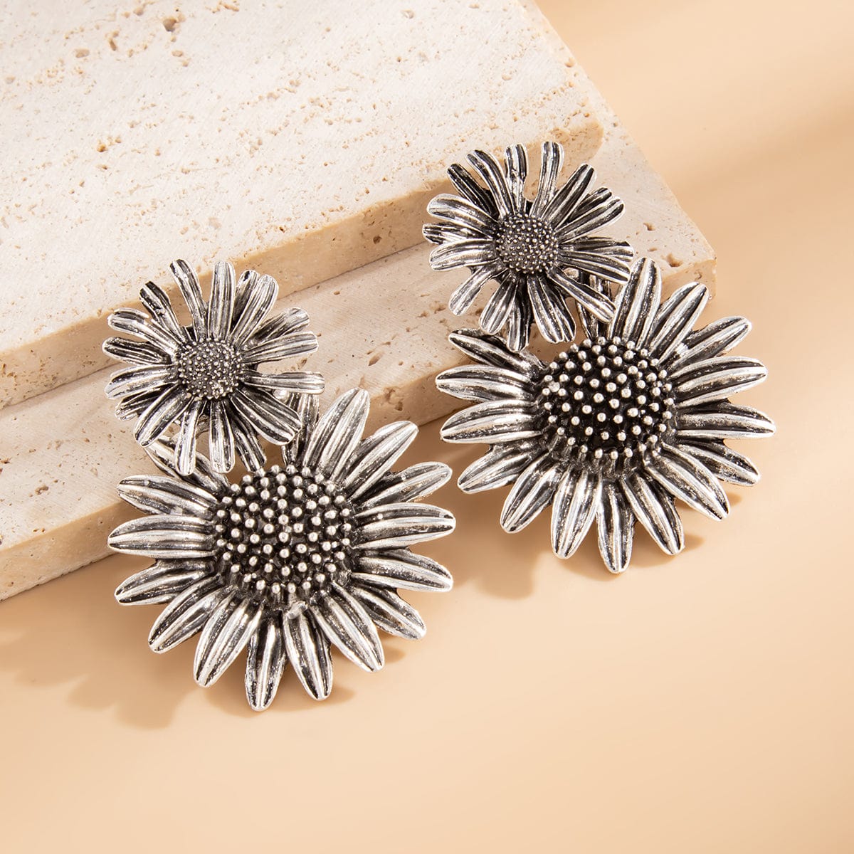 Antique Silver Sunflower Dangle Earrings - ArtGalleryZen