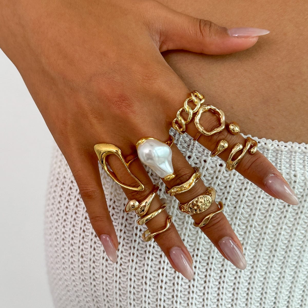 Baroque 12pcs Irregular Pearl Hoop Curved Ring Set - ArtGalleryZen