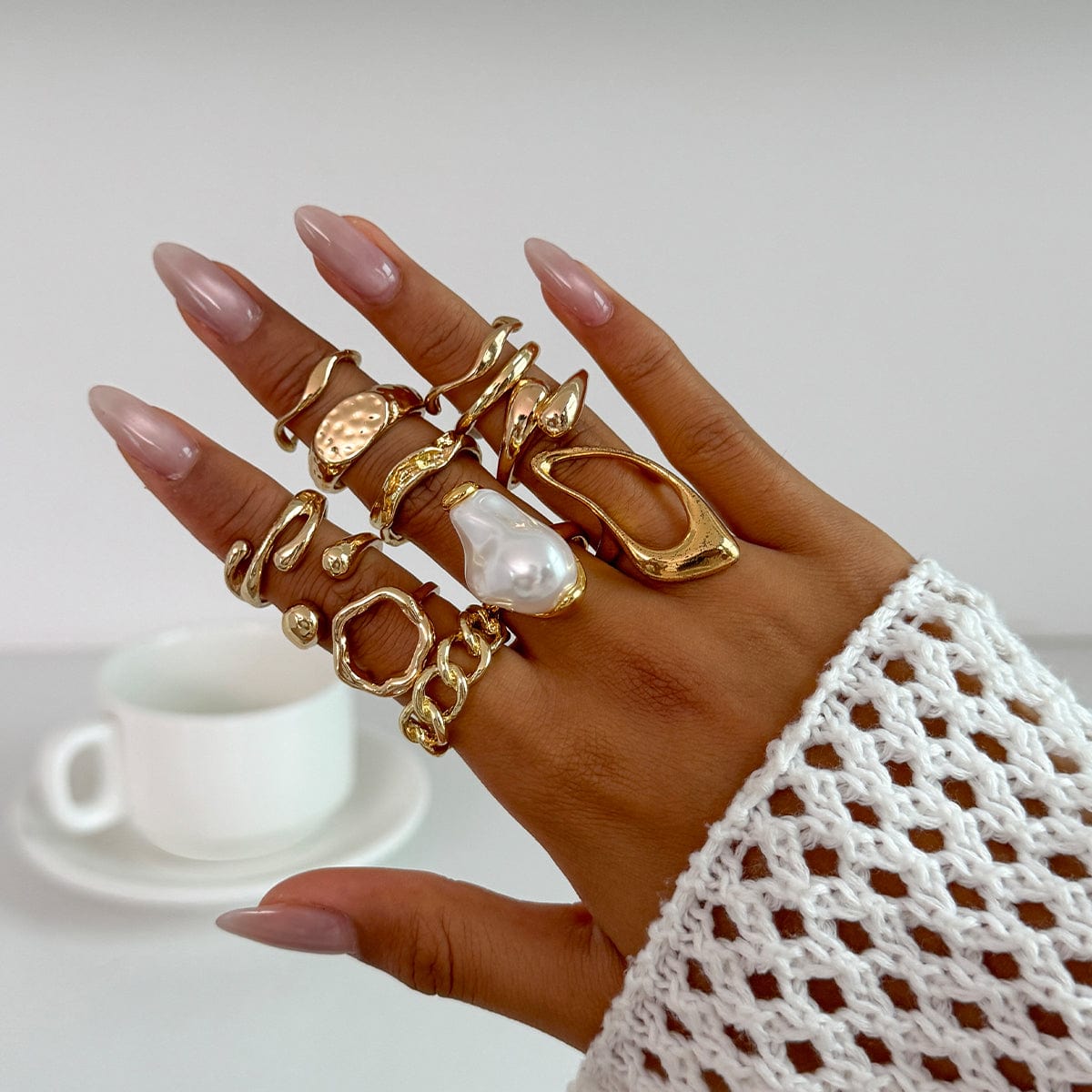 Baroque 12pcs Irregular Pearl Hoop Curved Ring Set - ArtGalleryZen