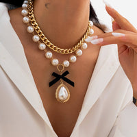 Thumbnail for Baroque 2pcs Bowknot Pearl Pendant Curb Chain Necklace Set - ArtGalleryZen