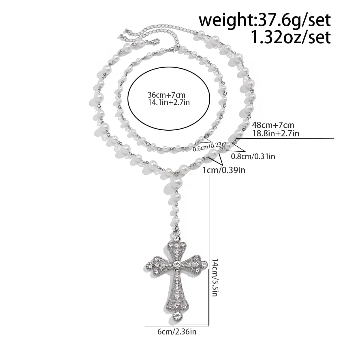 Baroque 2Pcs CZ Inlaid Cross Pendant Pearl Chain Y Necklace - ArtGalleryZen