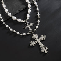 Thumbnail for Baroque 2pcs Rhinestone Inlaid Cross Pendant Pearl Chain Necklace Set - ArtGalleryZen