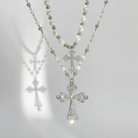 Thumbnail for Baroque 2pcs Rhinestone Inlaid Cross Pendant Pearl Chain Necklace Set - ArtGalleryZen
