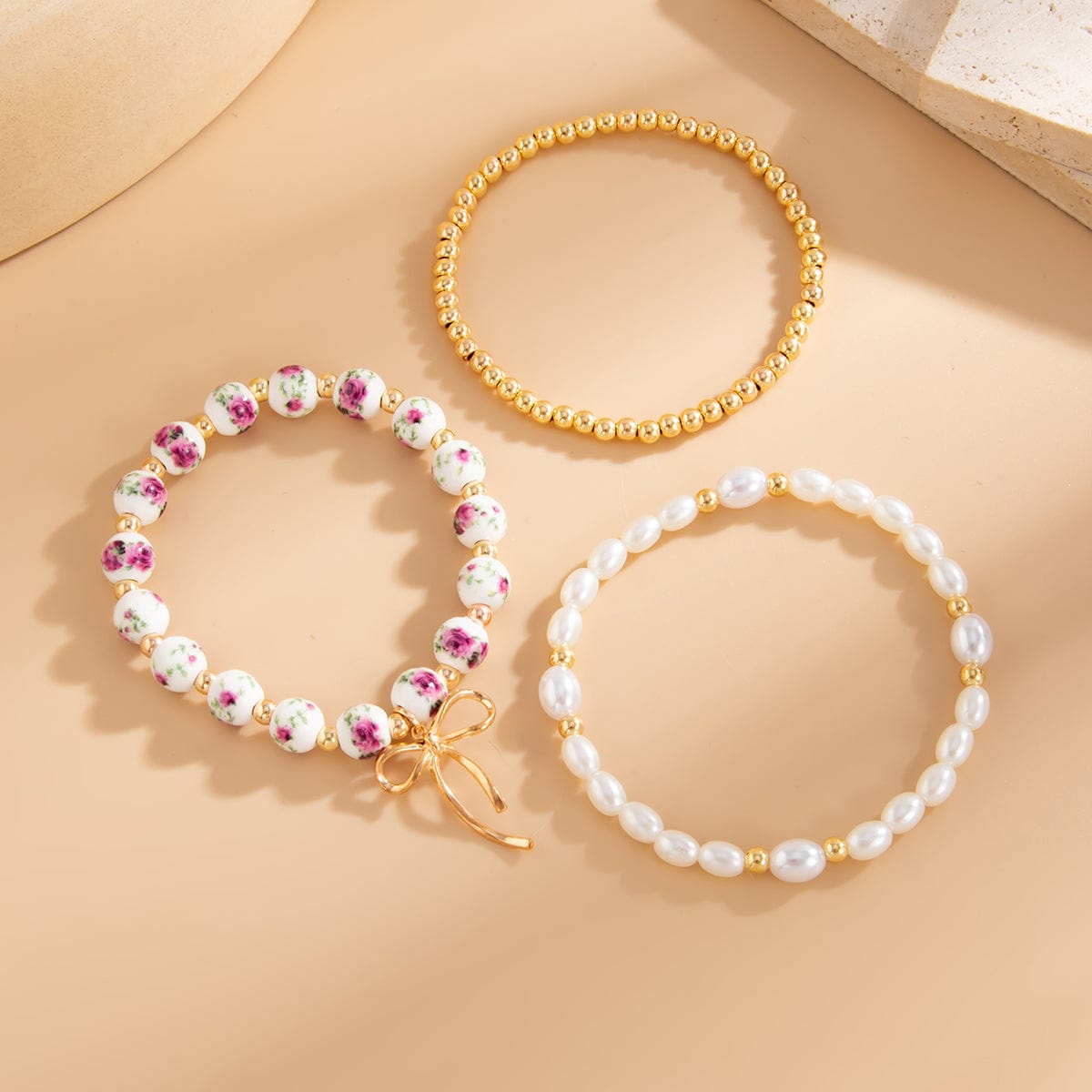 Baroque 3pcs Bowknot Pendant Pearl Floral Acrylic Beaded Bracelet Set - ArtGalleryZen