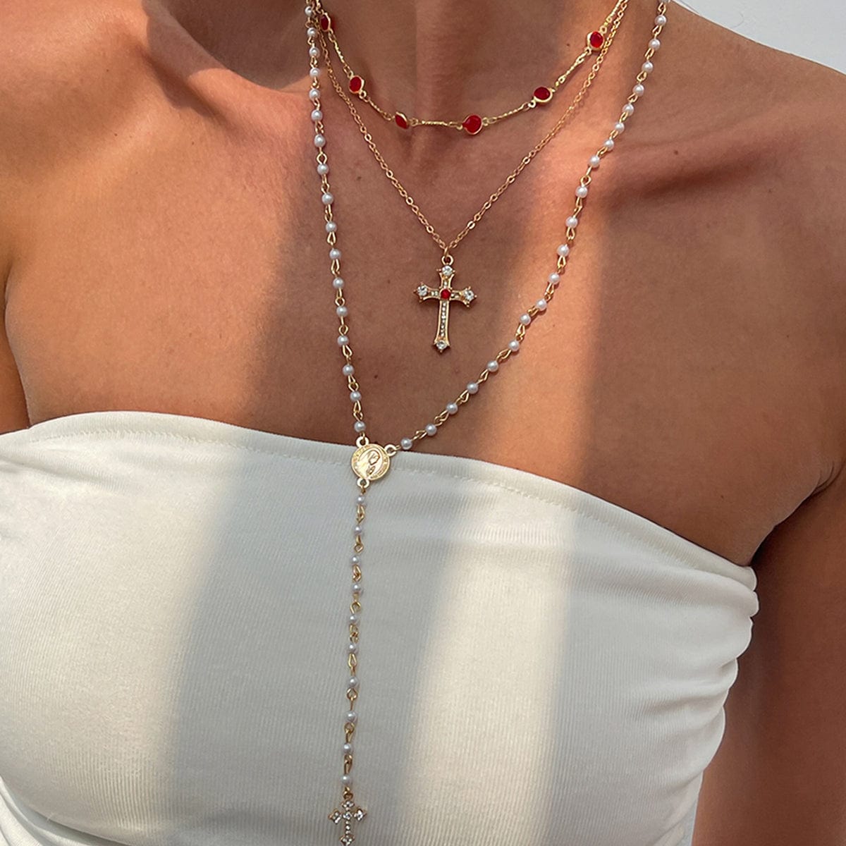 Baroque 3pcs Cross Pendant Pearl Crystal Chain Y Necklace Set - ArtGalleryZen