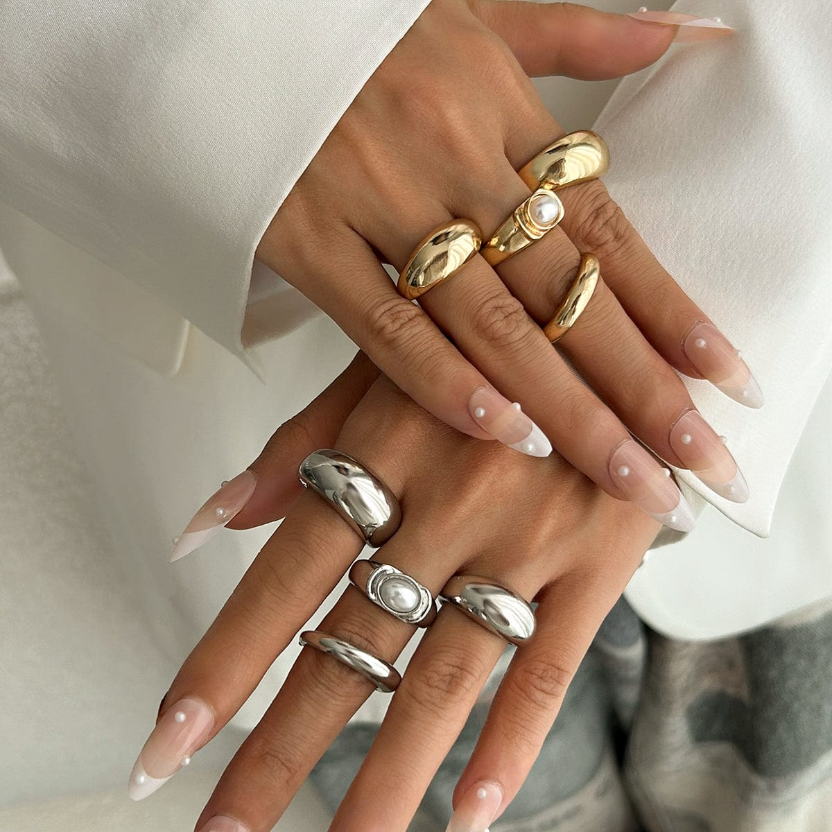 Baroque 4pcs Gold Silver Tone Pearl Inlaid Ring Set - ArtGalleryZen
