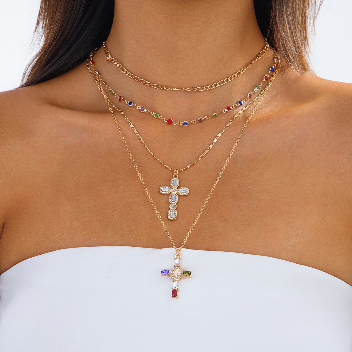 Baroque 4pcs Rhinestone Inlaid Cross Pendant Crystal Chain Necklace Set - ArtGalleryZen
