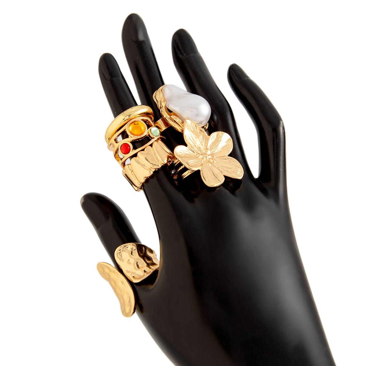 Baroque 6pcs Irregular Pearl Inlaid Textured Flower Ring Set - ArtGalleryZen