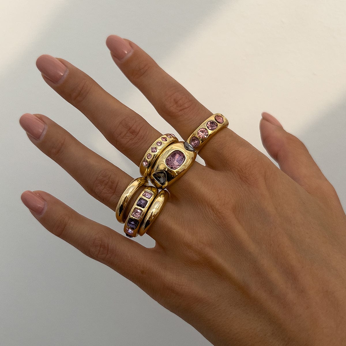 Baroque 6pcs Pink Rhinestone Inlaid Open Ring Set - ArtGalleryZen