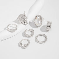 Thumbnail for Baroque 7pcs Gold Silver Tone Pearl Inlaid Curved Ring Set - ArtGalleryZen