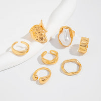 Thumbnail for Baroque 7pcs Gold Silver Tone Pearl Inlaid Curved Ring Set - ArtGalleryZen