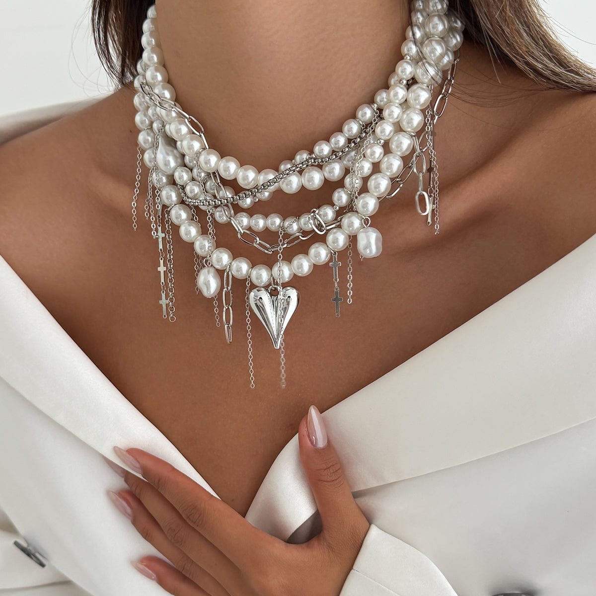 Baroque Chunky Layered Heart Cross Tassel Pearl Chain Necklace - ArtGalleryZen
