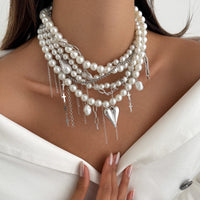 Thumbnail for Baroque Chunky Layered Heart Cross Tassel Pearl Chain Necklace - ArtGalleryZen