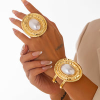 Thumbnail for Baroque Chunky Pearl Inlaid Textured Oval Open Ring Bangle Bracelet Set - ArtGalleryZen