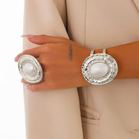 Thumbnail for Baroque Chunky Pearl Inlaid Textured Oval Open Ring Bangle Bracelet Set - ArtGalleryZen