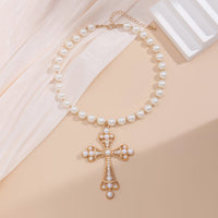 Thumbnail for Baroque Cross Pendant Pearl Chain Choker Necklace - ArtGalleryZen