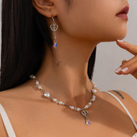 Thumbnail for Baroque Crystal Heart Pendant Pearl Seed Bead Chain Necklace Earrings Set - ArtGalleryZen