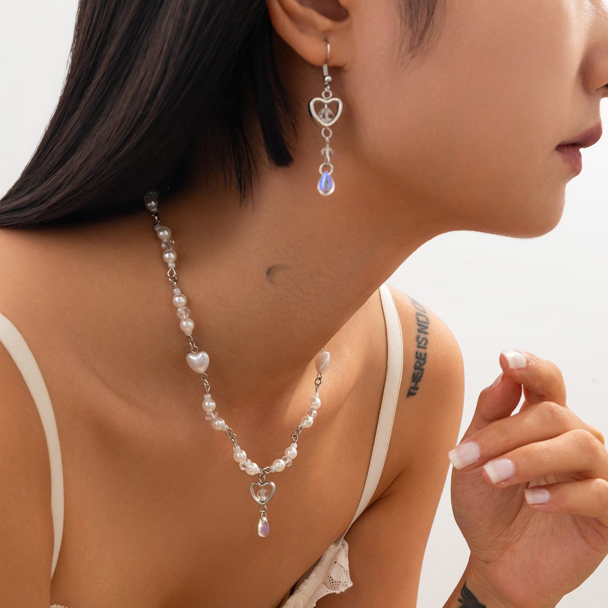 Baroque Crystal Heart Pendant Pearl Seed Bead Chain Necklace Earrings Set - ArtGalleryZen