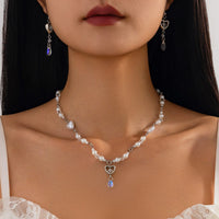 Thumbnail for Baroque Crystal Heart Pendant Pearl Seed Bead Chain Necklace Earrings Set - ArtGalleryZen