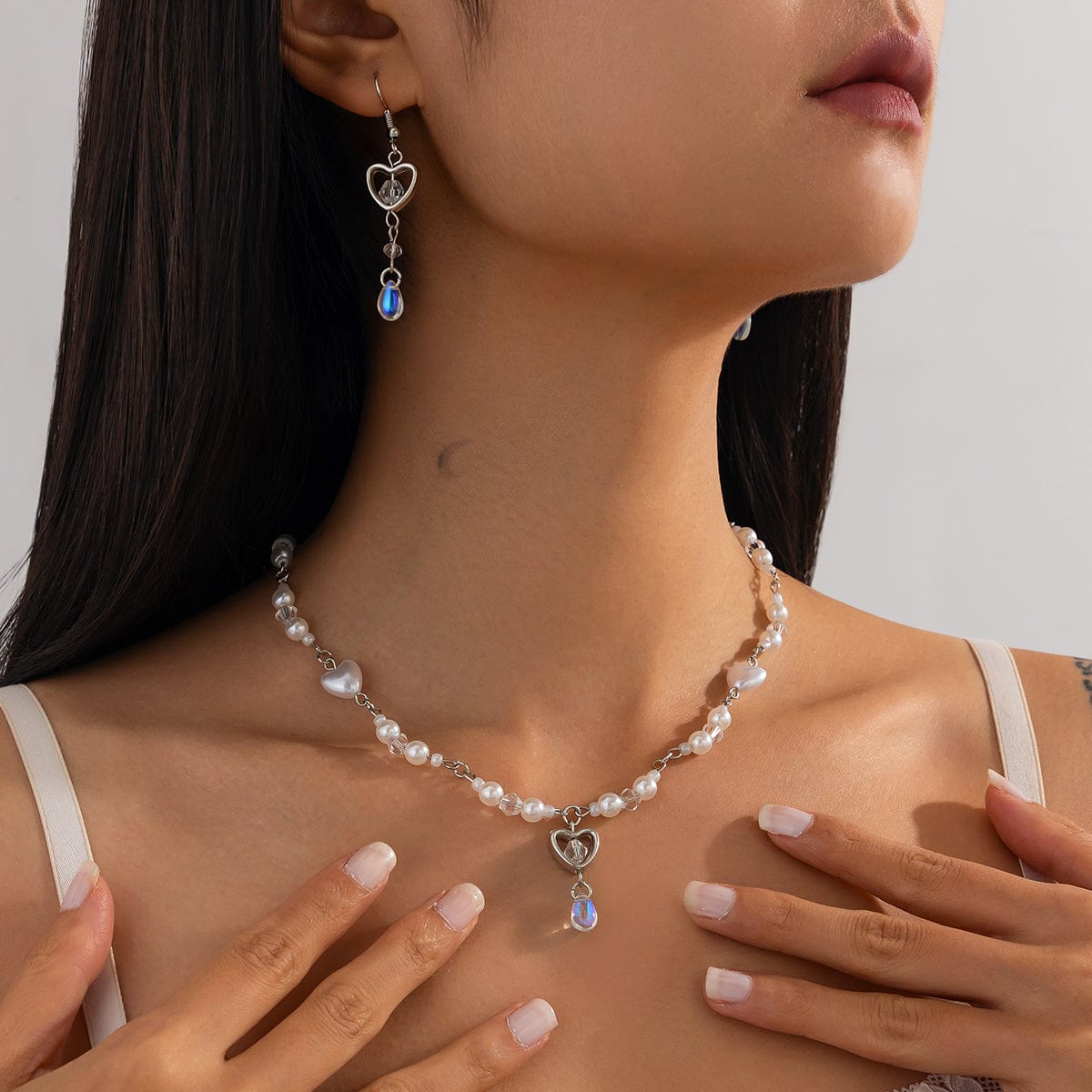 Baroque Crystal Heart Pendant Pearl Seed Bead Chain Necklace Earrings Set - ArtGalleryZen
