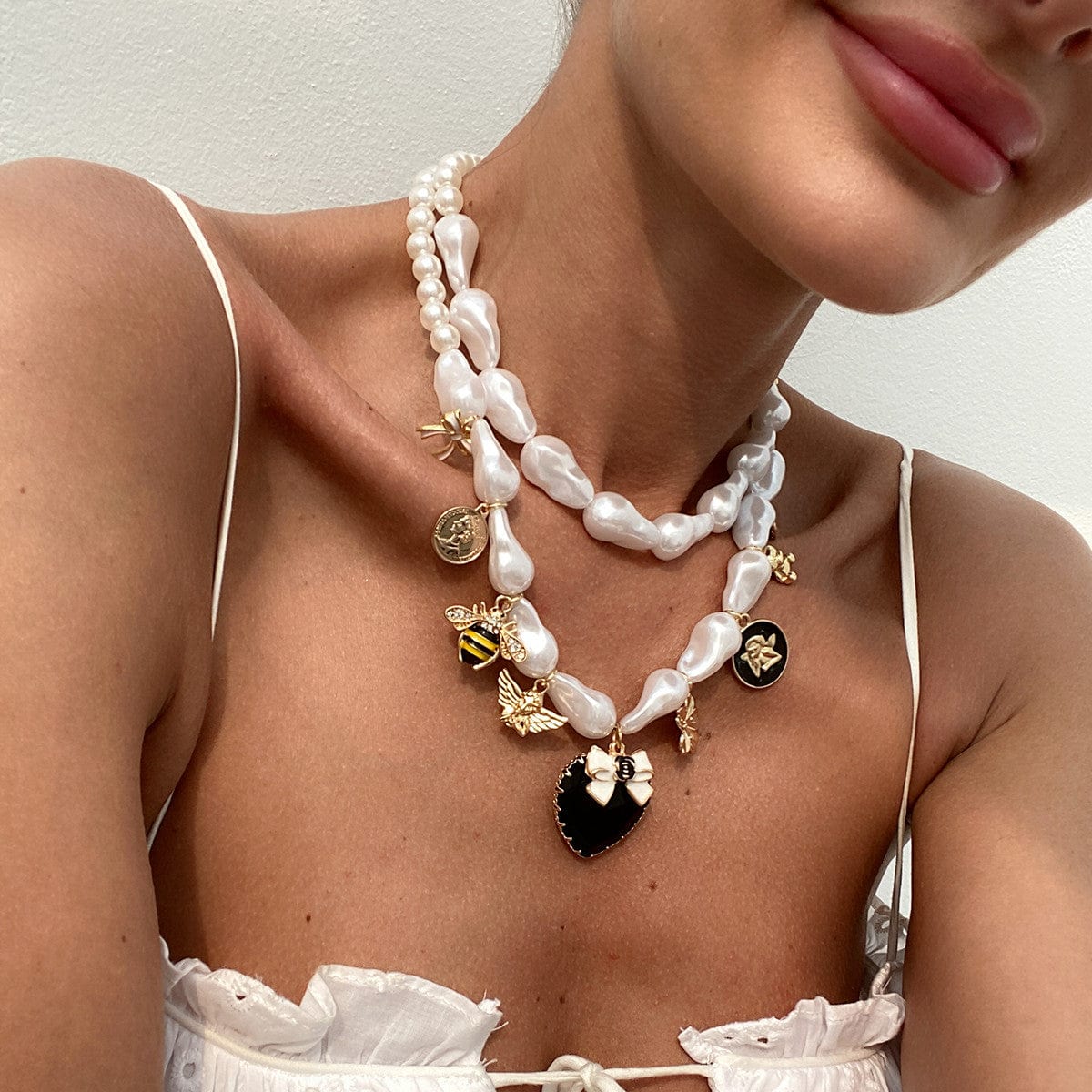 Baroque Enamel Bee Heart Bow Pendant Irregular Pearl Chain Necklace Set - ArtGalleryZen