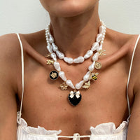 Thumbnail for Baroque Enamel Bee Heart Bow Pendant Irregular Pearl Chain Necklace Set - ArtGalleryZen
