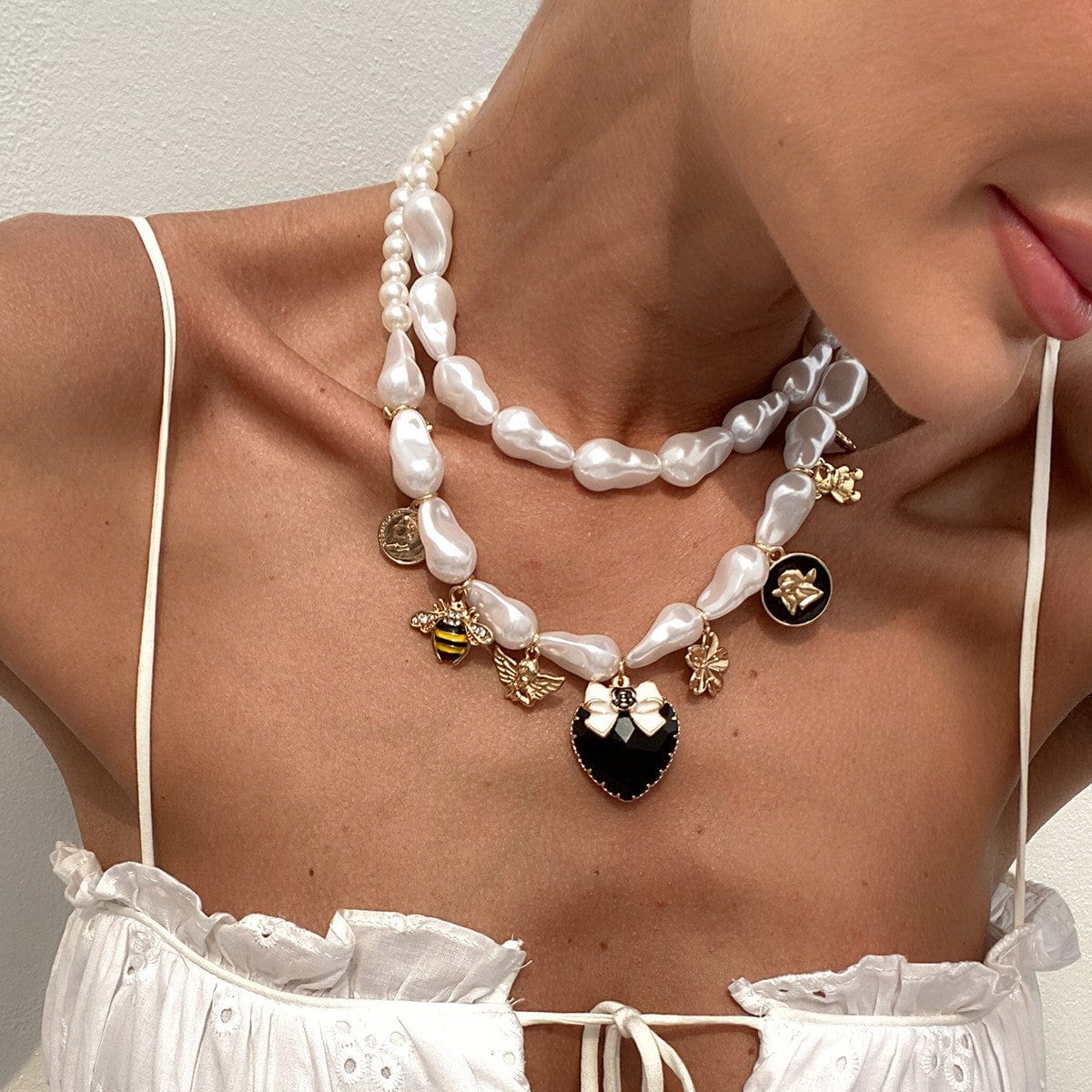 Baroque Enamel Bee Heart Bow Pendant Irregular Pearl Chain Necklace Set - ArtGalleryZen