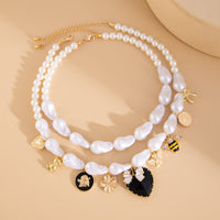 Thumbnail for Baroque Enamel Bee Heart Bow Pendant Irregular Pearl Chain Necklace Set - ArtGalleryZen