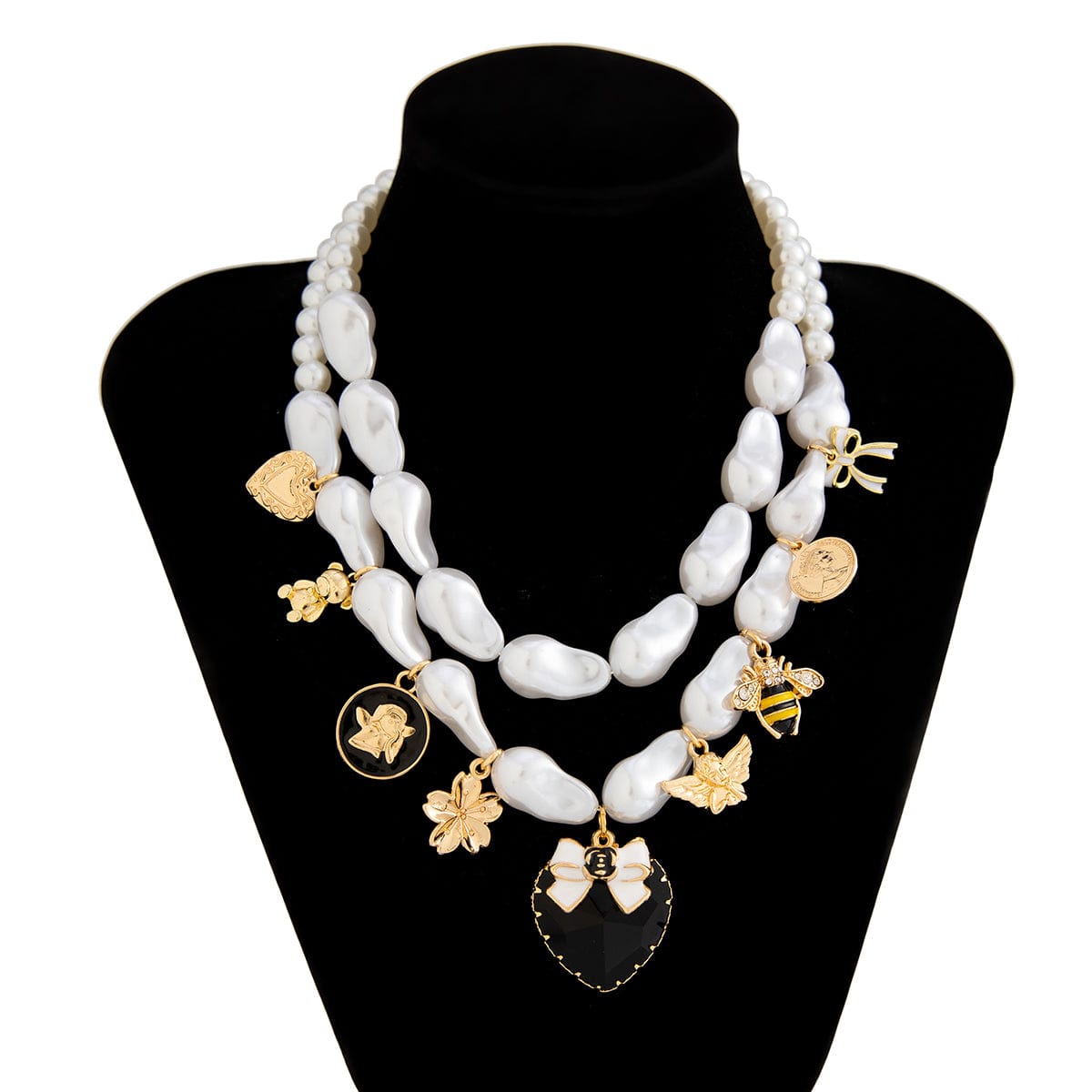 Baroque Enamel Bee Heart Bow Pendant Irregular Pearl Chain Necklace Set - ArtGalleryZen