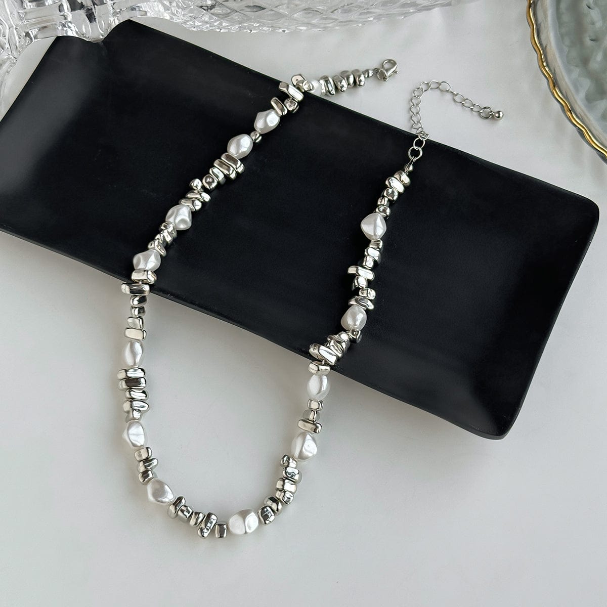 Baroque Gold Silver Tone Irregular Pearl Beaded Necklace - ArtGalleryZen
