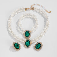 Thumbnail for Baroque Layered Emerald CZ Inlaid Pearl Chain Choker Necklace Bracelet Earrings Set - ArtGalleryZen