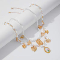 Thumbnail for Baroque Layered Enamel Flower Heart Sun Pendant Pearl Chain Necklace Set - ArtGalleryZen