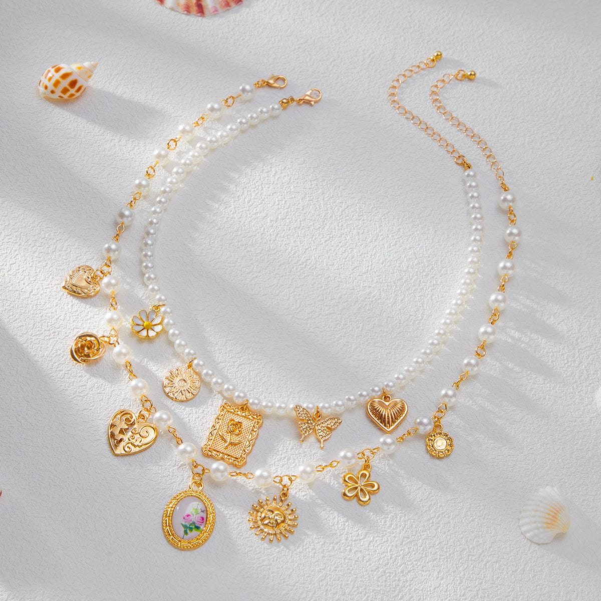 Baroque Layered Enamel Flower Heart Sun Pendant Pearl Chain Necklace Set - ArtGalleryZen