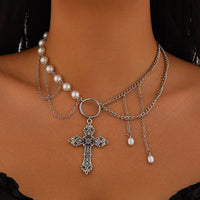 Thumbnail for Baroque Layered Floral Cross Pendant Pearl Chain Choker Necklace - ArtGalleryZen