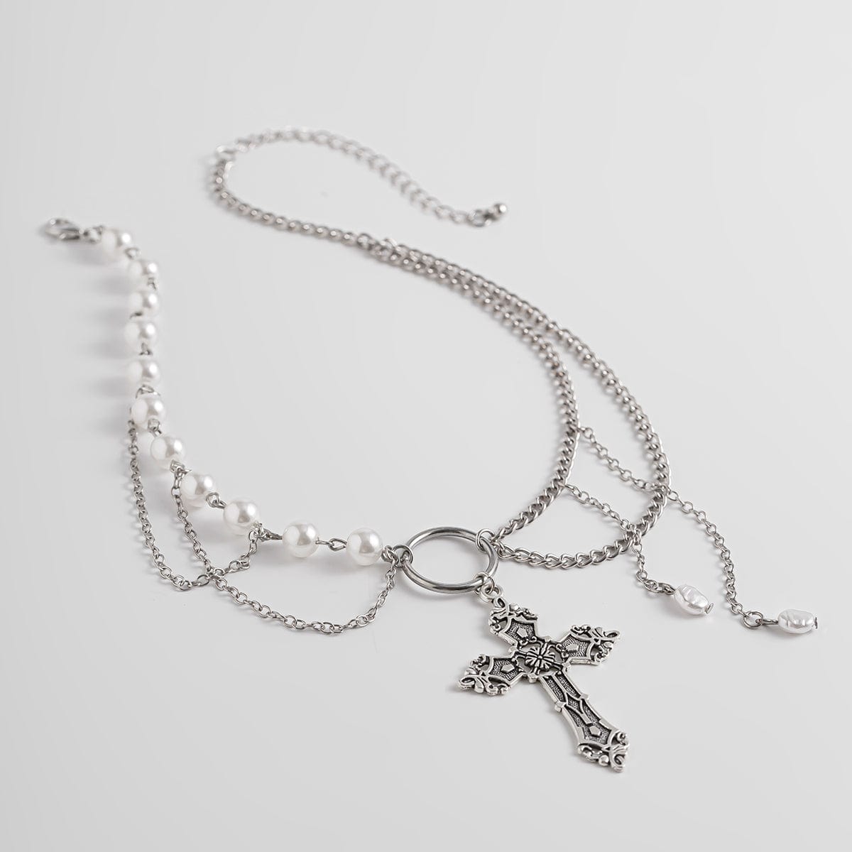 Baroque Layered Floral Cross Pendant Pearl Chain Choker Necklace - ArtGalleryZen